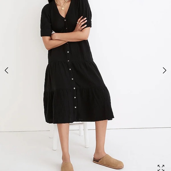 Madewell Lightspun Button-front Tiered Black Midi Dress Size 16 - Picture 2 of 12